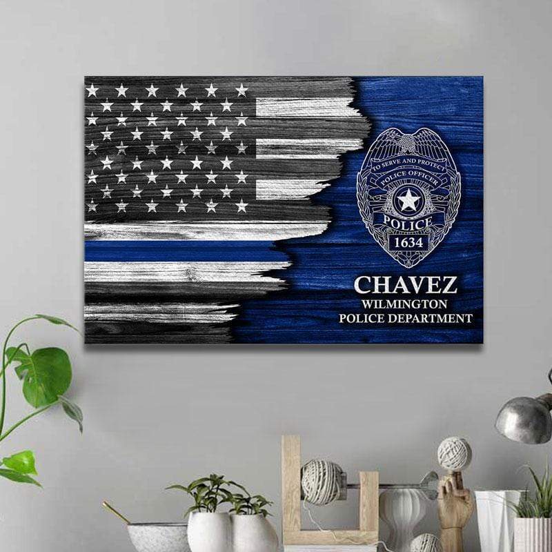 Personalized Canvas  American Flag With Thin Blue Line