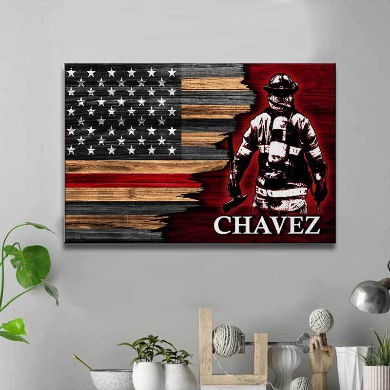 Canvas Prints 24" x 16" - BEST SELLER / 0.75" Half Thin Red Line Bunker Gear Thin Red Line Personalized Firefighter Canvas Print