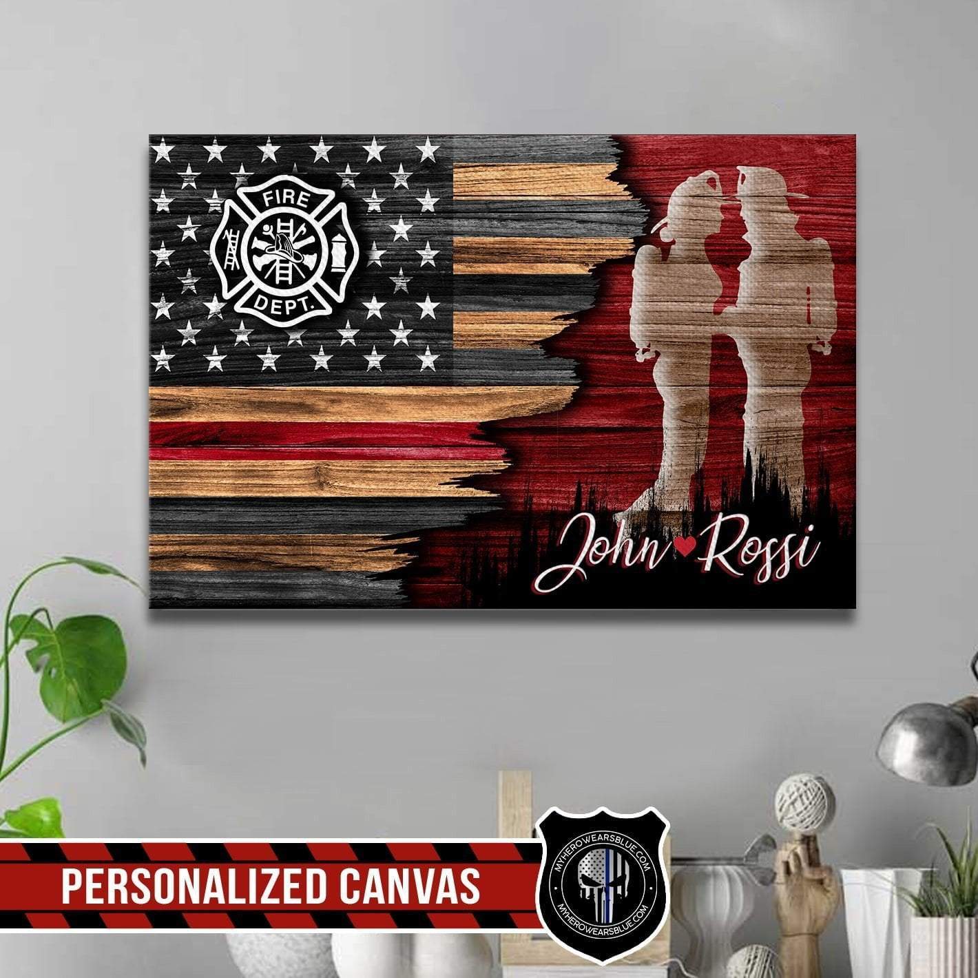 Canvas Prints 24" x 16" - BEST SELLER Half Thin Red Line - Firefigher Couple With Bunkergear Custom Thin Red Line Canvas Print