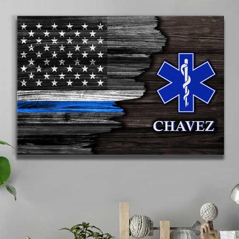 Canvas Prints 24" x 16" - BEST SELLER Half Thin White Line Flag - EMS Logo Personalized Canvas Print