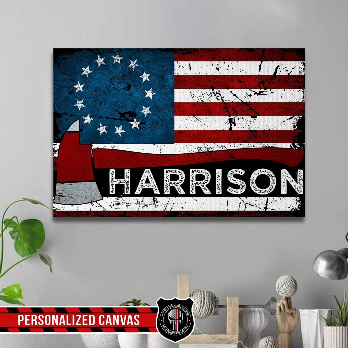 Canvas Prints 24" x 16" - BEST SELLER Personalized Canvas - Circle Star Flag - Firefighter Axe