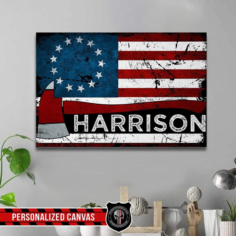 Canvas Prints 24" x 16" - BEST SELLER Personalized Canvas - Circle Star Flag - Firefighter Axe