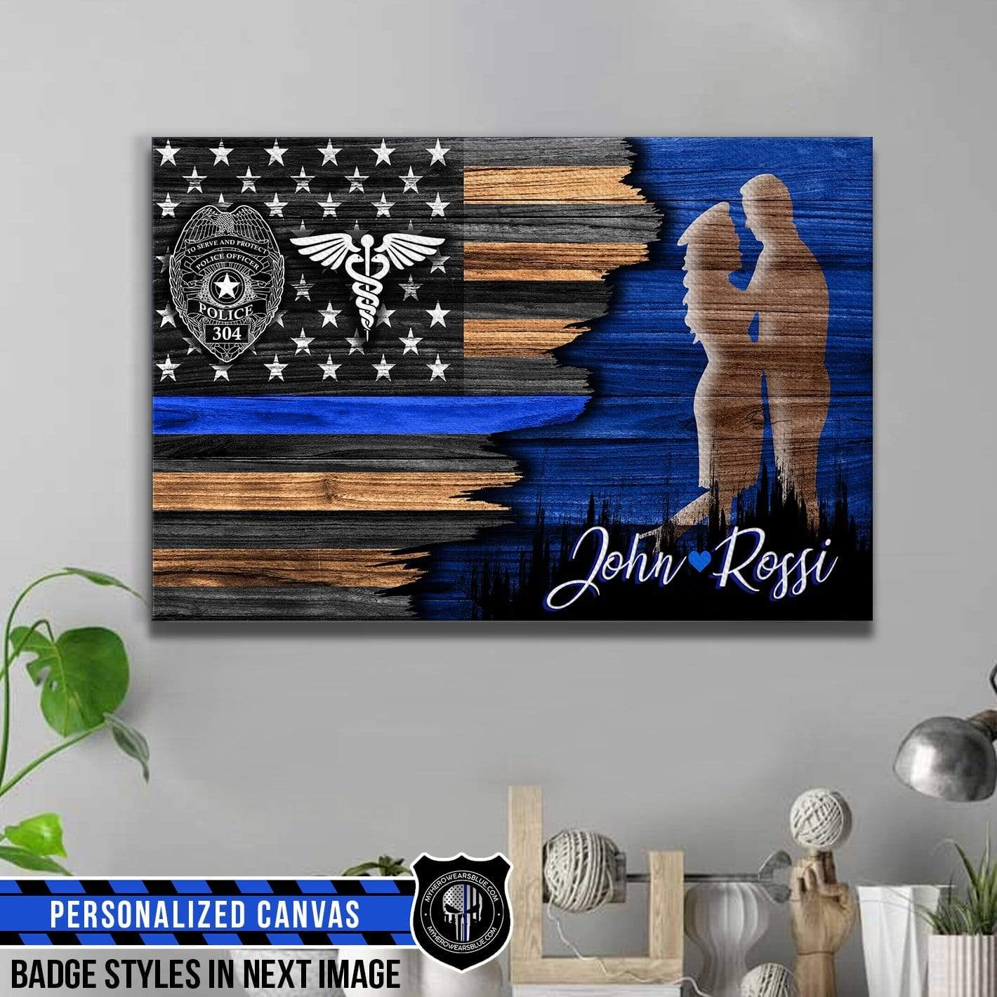 Canvas Prints 24" x 16" - BEST SELLER Personalized Canvas - Half Flag - Female Police x Male Nurse
