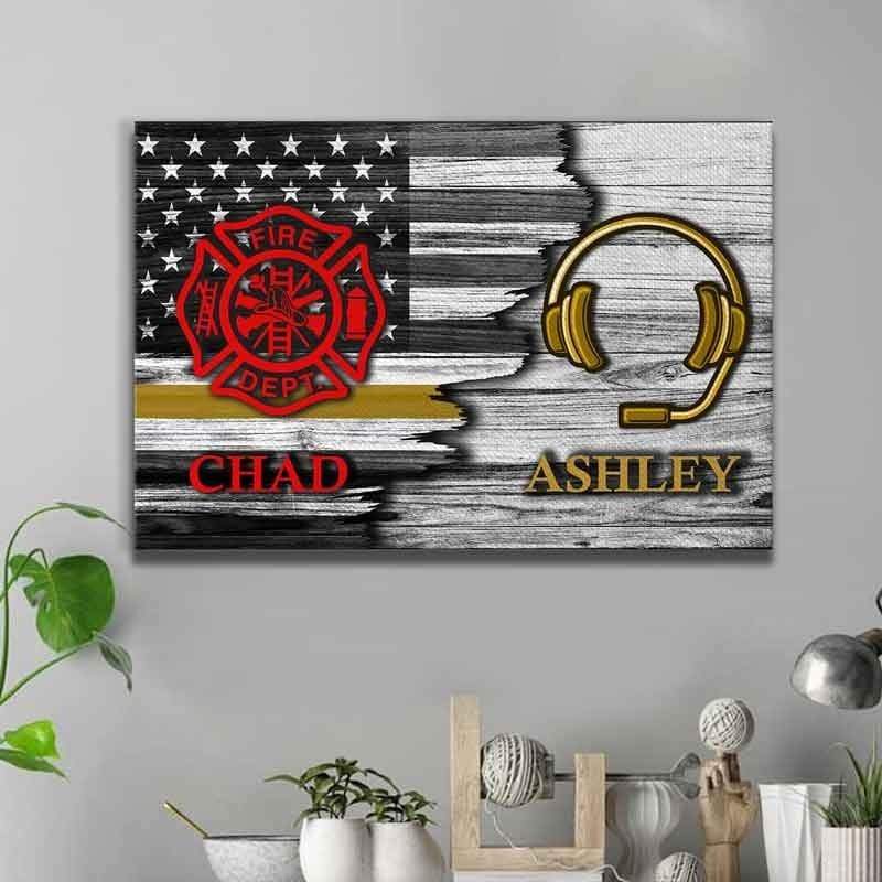 Half Flag Firefighter And Dispatcher Couple Custom Name Personalized Canvas Print