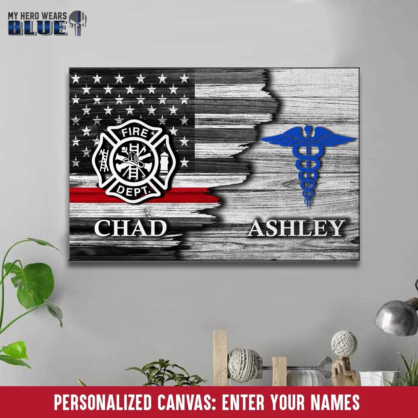Canvas Prints 12" x 8" Personalized Canvas - Half Flag - Firefighter x Nurse