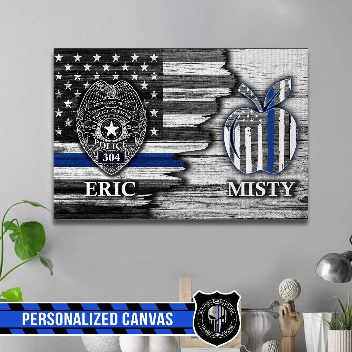 Canvas Prints 24" x 16" - BEST SELLER Personalized Canvas - Half Flag - Police x Teacher