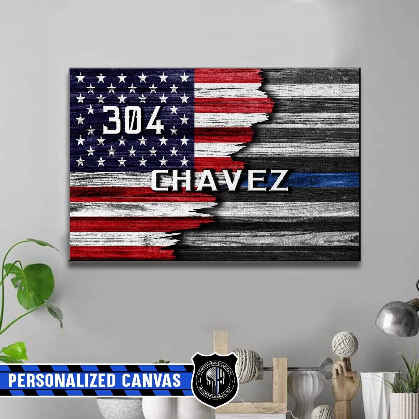 Canvas Prints 24" x 16" - BEST SELLER Personalized Canvas - Half Nation Flag - Half Thin Blue Line Canvas