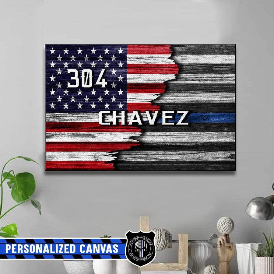 Canvas Prints 24" x 16" - BEST SELLER Personalized Canvas - Half Nation Flag - Half Thin Blue Line Canvas