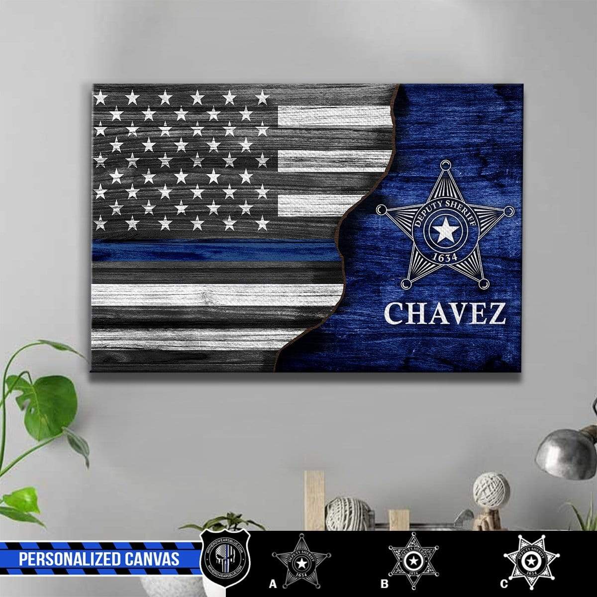 Canvas Prints 24" x 16" - BEST SELLER Personalized Canvas - Half Thin Blue Line Flag - Deputy Sheriff Badge - Badge Number
