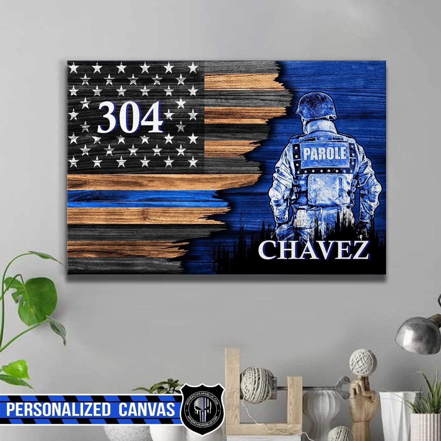 Canvas Prints 24" x 16" - BEST SELLER Personalized Canvas - Half Thin Blue Line Flag - Parole Suit
