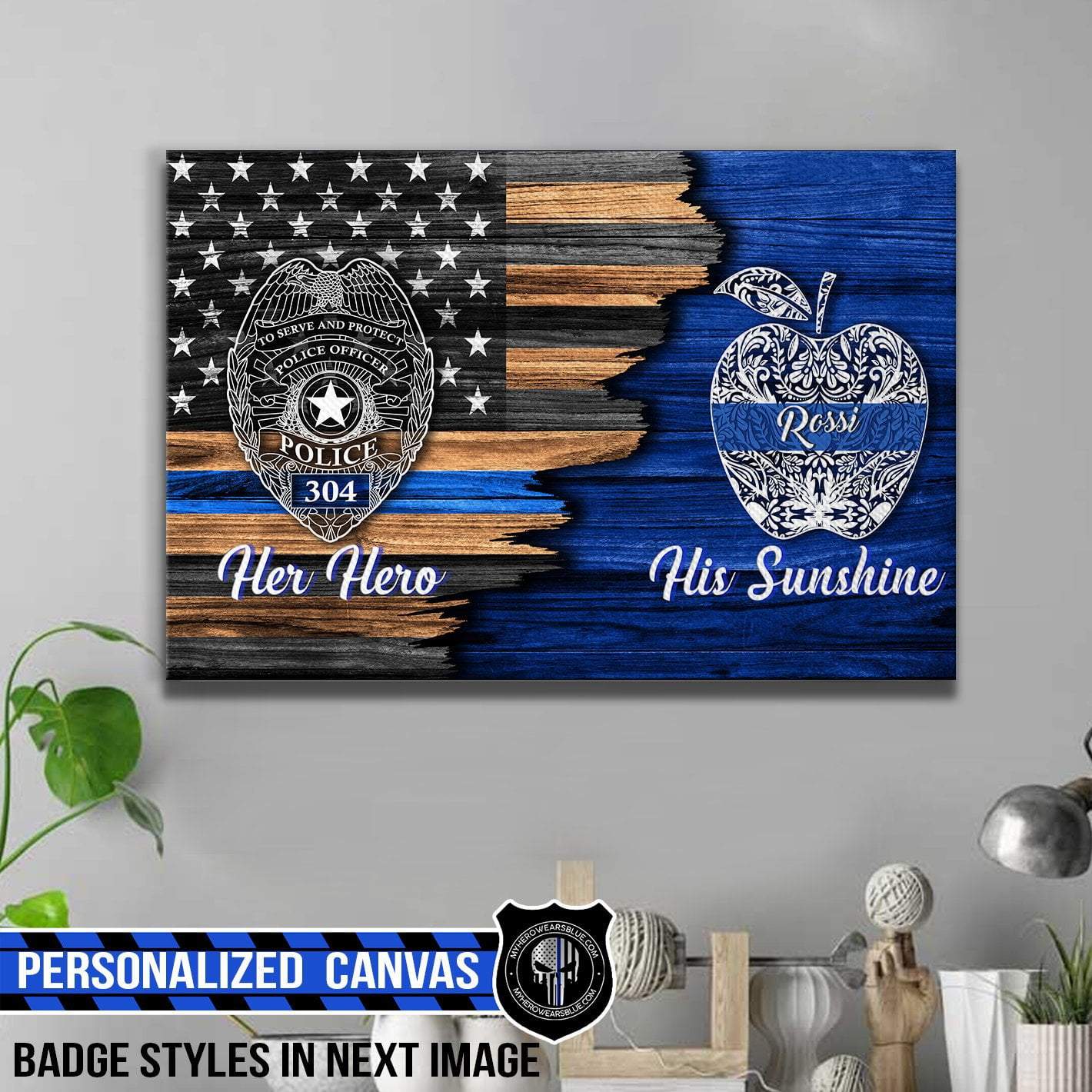 Canvas Prints 12" x 8" Personalized Canvas - Half Thin Blue Line - Police And Teacher - Hero Sunshine