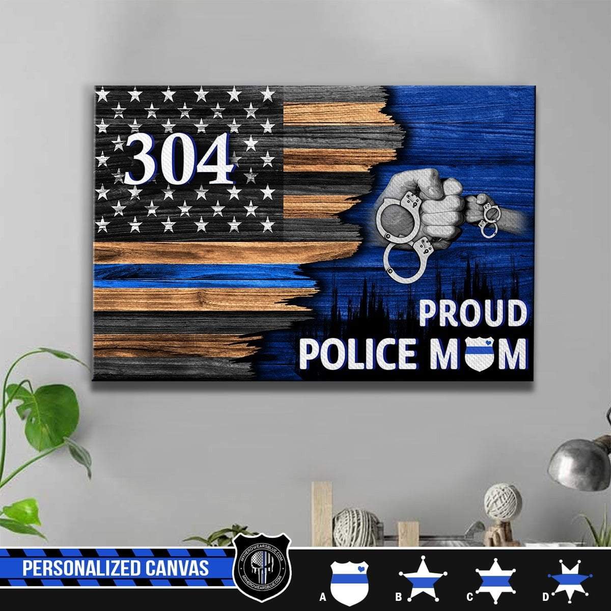 Canvas Prints 12" x 8" Personalized Canvas - Half Thin BLue Line - Proud Police Mom