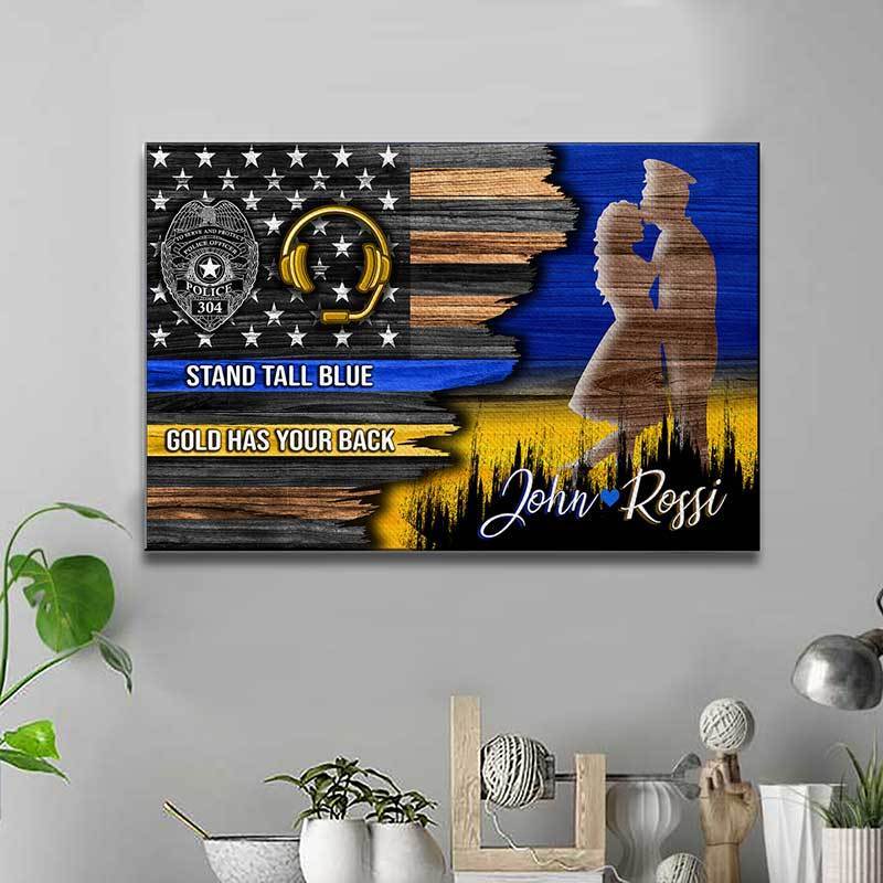 Police And Dispatcher Couple - Half Flag Stand Tall Blue Personalized Police Canvas Print