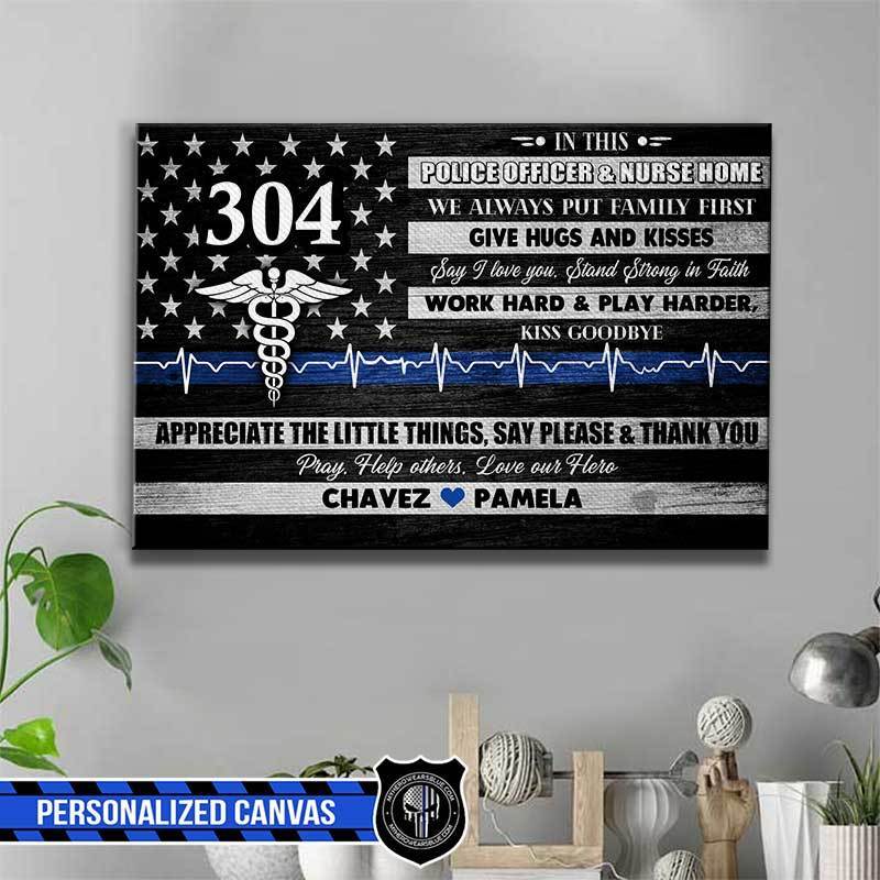 In This Police Nurse Home US Flag Thin Blue Line Personalized Canvas Print