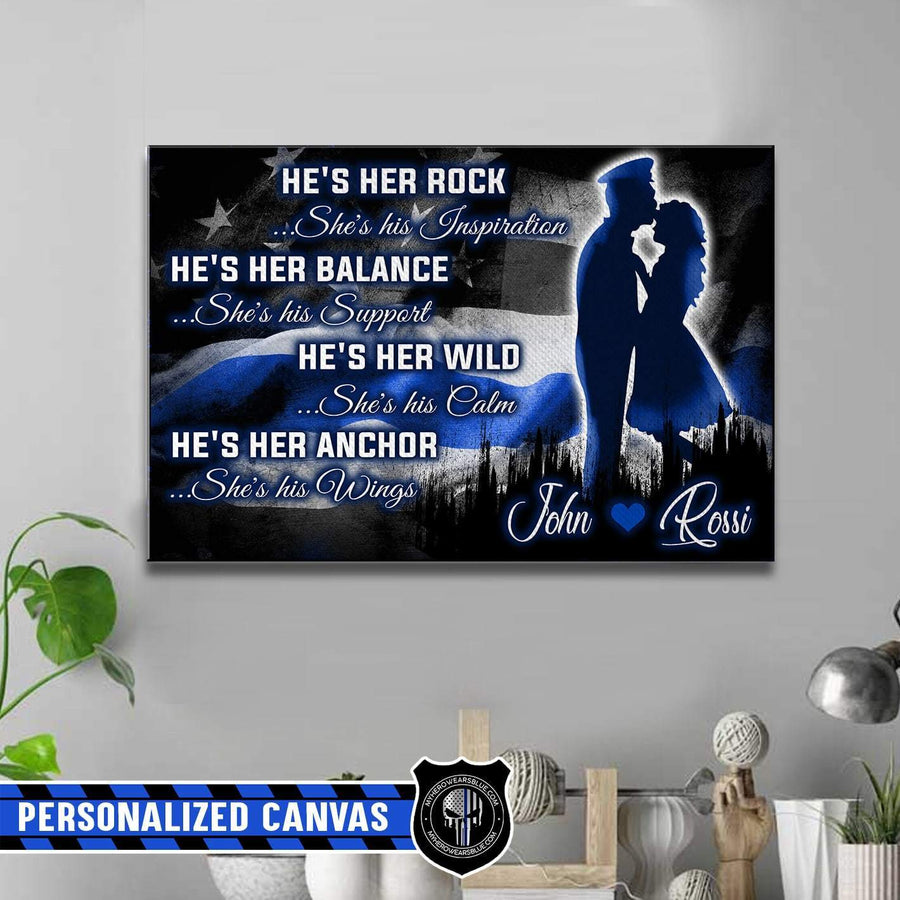 Canvas Prints 24" x 16" - BEST SELLER Personalized Canvas - Thin Blue Line Flag - Husband And Wife - Her Rock His Inspiration
