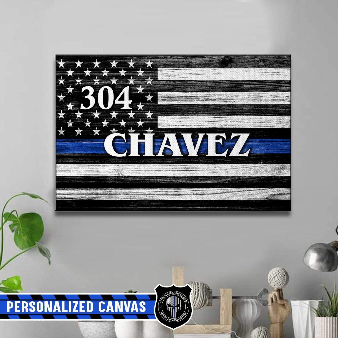 Canvas Prints 24" x 16" - BEST SELLER Personalized Canvas - Thin Blue Line Flag - Police Badge Number And Name