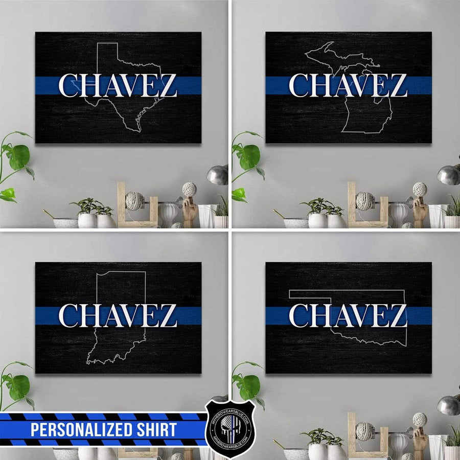 Canvas Prints 24" x 16" - BEST SELLER Personalized Canvas - Thin Blue Line Name - State Map