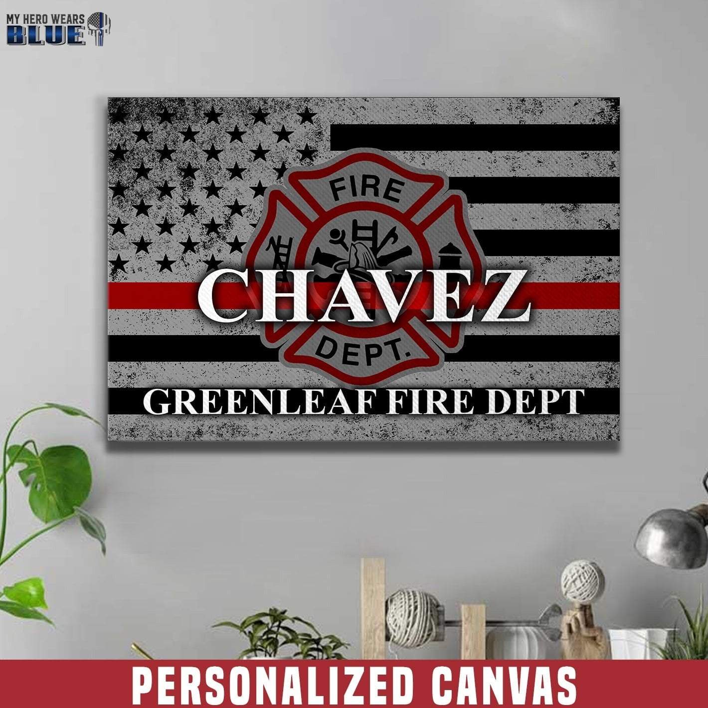 Canvas Prints 12" x 8" Personalized Canvas - Thin Red Line Flag and Firefighter Emblem