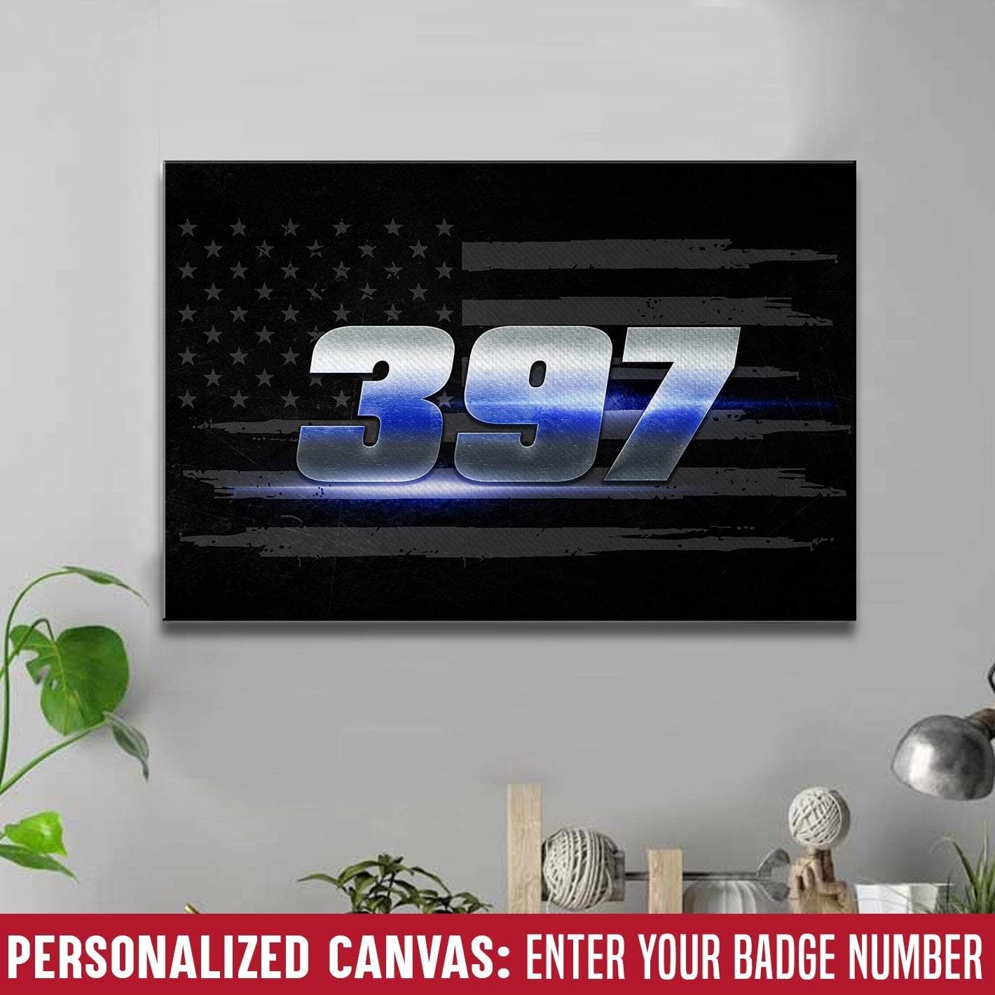 Canvas Prints 12" x 8" Personalized - Thin Blue Line Badge Number Canvas - Ver 1