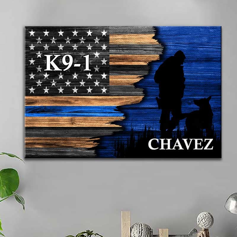 Canvas Prints 24" x 16" - BEST SELLER / 0.75" Police Officer Vs K9 Unit Thin Blue Line Canvas Print - Half Flag