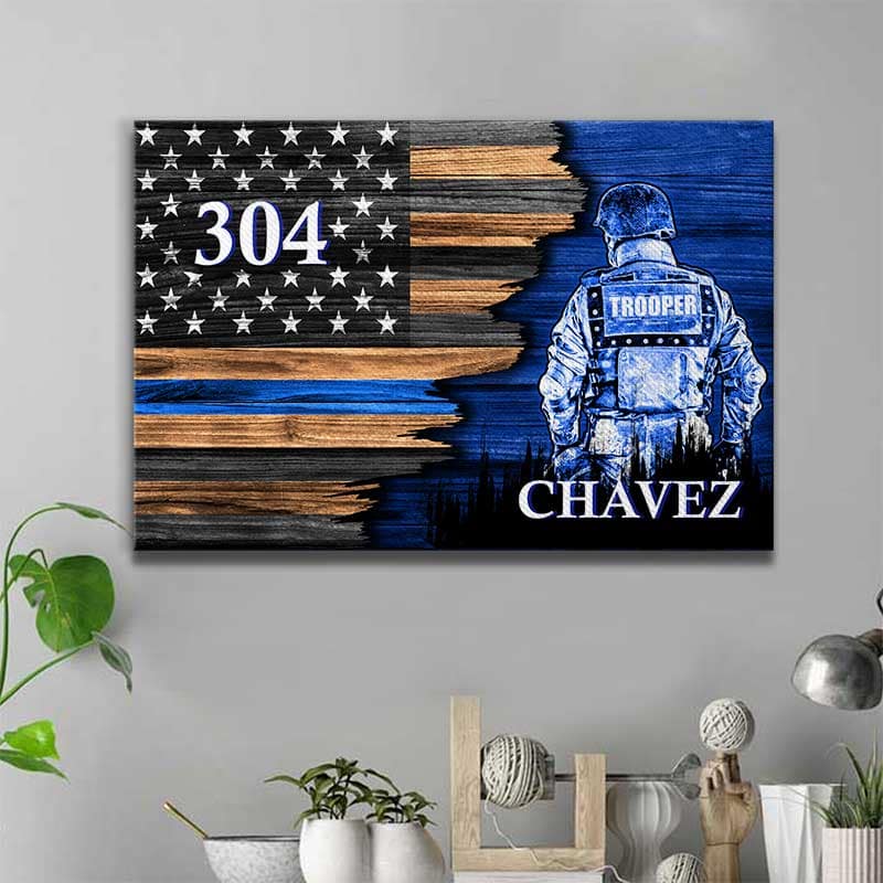 Canvas Prints 24" x 16" - BEST SELLER / 0.75" State Trooper Suit Thin Blue Line Canvas Print - Half Flag