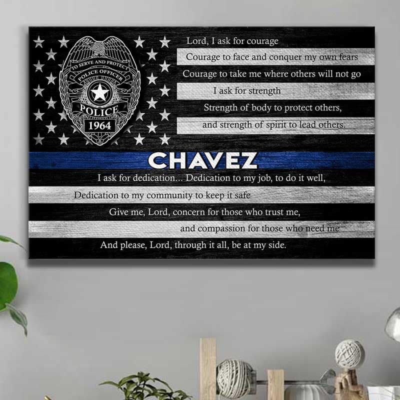 Canvas Prints 24" x 16" - BEST SELLER / 0.75" Thin Blue Line Flag - Police Prayer Thin Blue Line Canvas Print