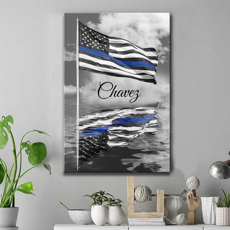 Personalized Canvas  American Flag With Thin Blue Line