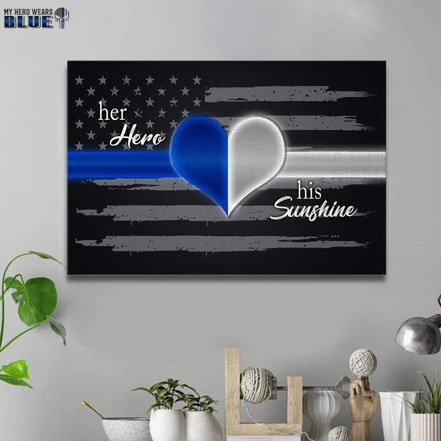 Canvas Prints 12" x 8" Thin Blue Line - Thin Silver Line Heart Shape Canvas