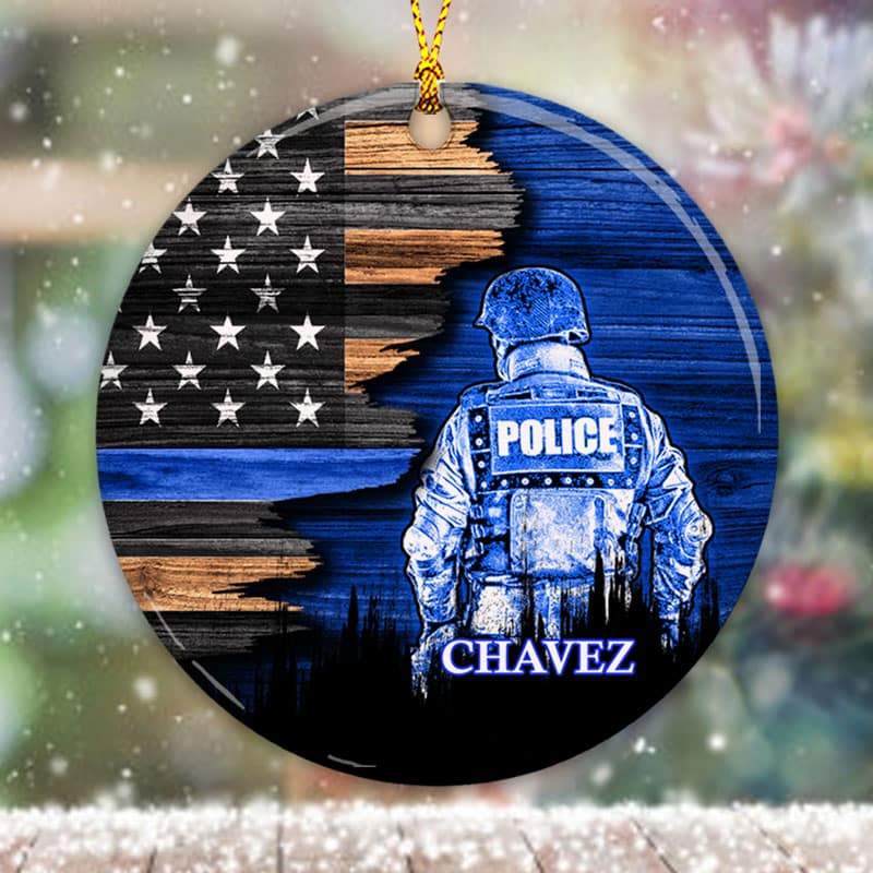 Circle Ornament Personalized Gifts For Police Officers - Half Flag Police Suit - CTM Thin Blue Line Christmas Circle Ornament