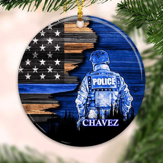 Circle Ornament Pack 2 Personalized Gifts For Police Officers - Half Flag Police Suit - CTM Thin Blue Line Christmas Circle Ornament