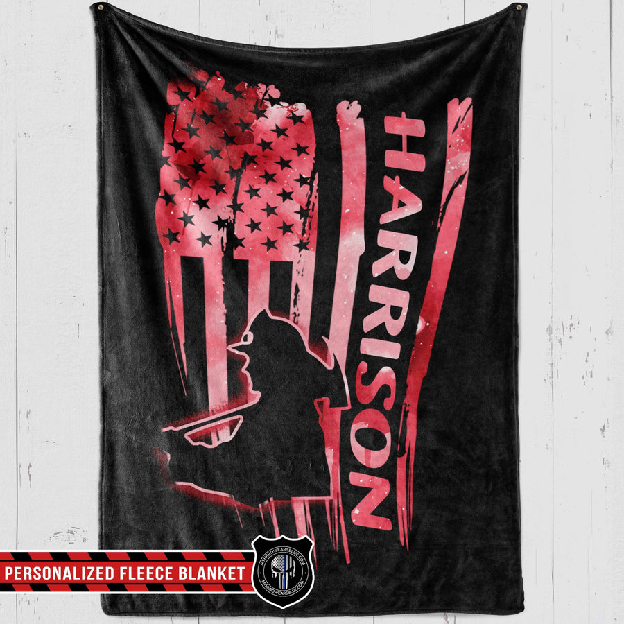 Fleece Blanket 60" x 80" - BEST SELLER Personalized Fleece Blanket - Firefighter - Distresed Flag