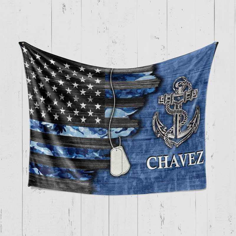 Fleece Blanket 60" x 80" - BEST SELLER Personalized Fleece Blanket - Half Camouflage Flag - Navy - Anchor