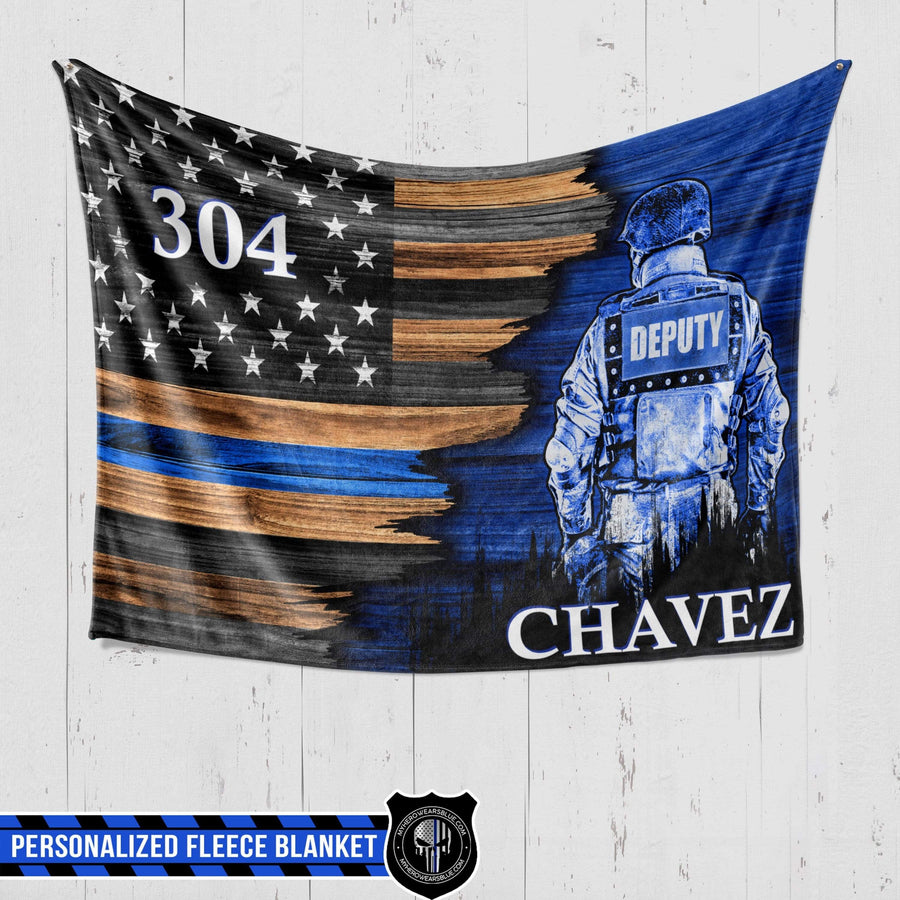 Fleece Blanket 60" x 80" - BEST SELLER Personalized Fleece Blanket - Half Flag - Deputy Suit