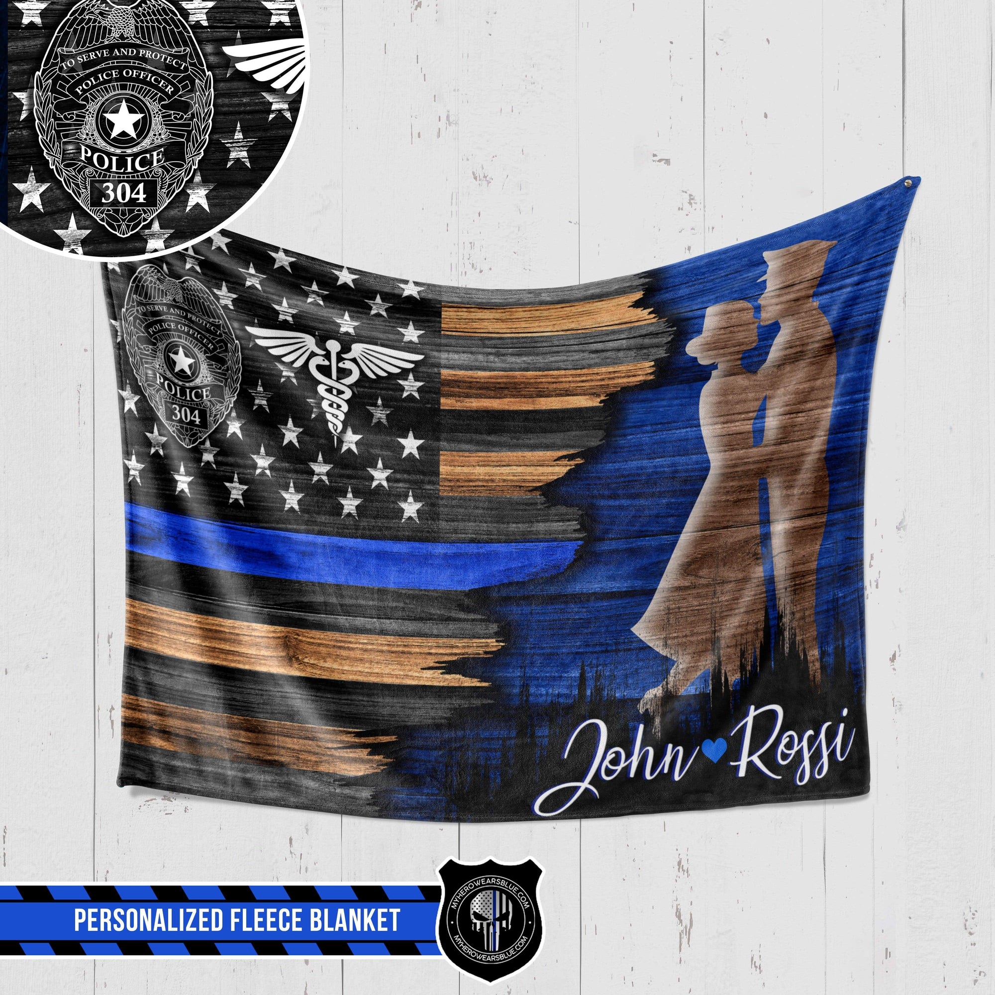 Personalized Fleece Blanket Half Flag Police x Nurse Couple