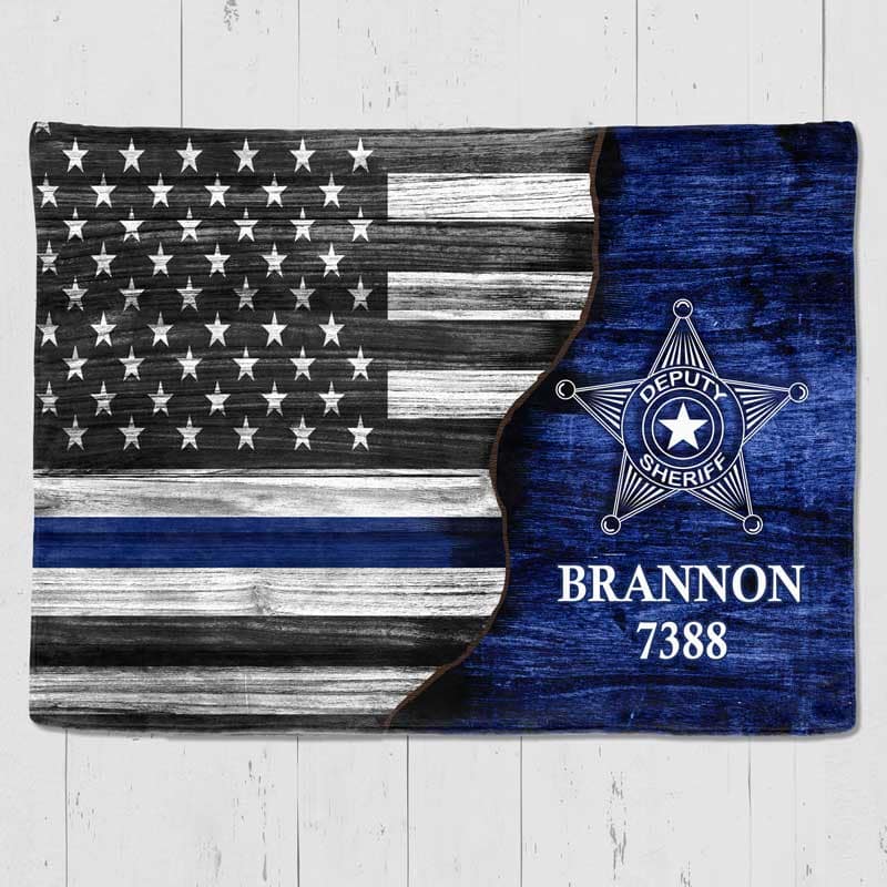 Fleece Blanket Personalized Fleece Blanket - Half Thin Blue Line Flag - Deputy Sheriff Badge