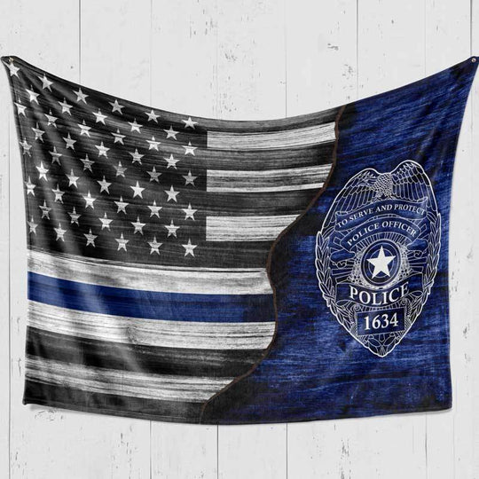 Personalized Fleece Blanket - Half Thin Blue Line Flag - Police Badge