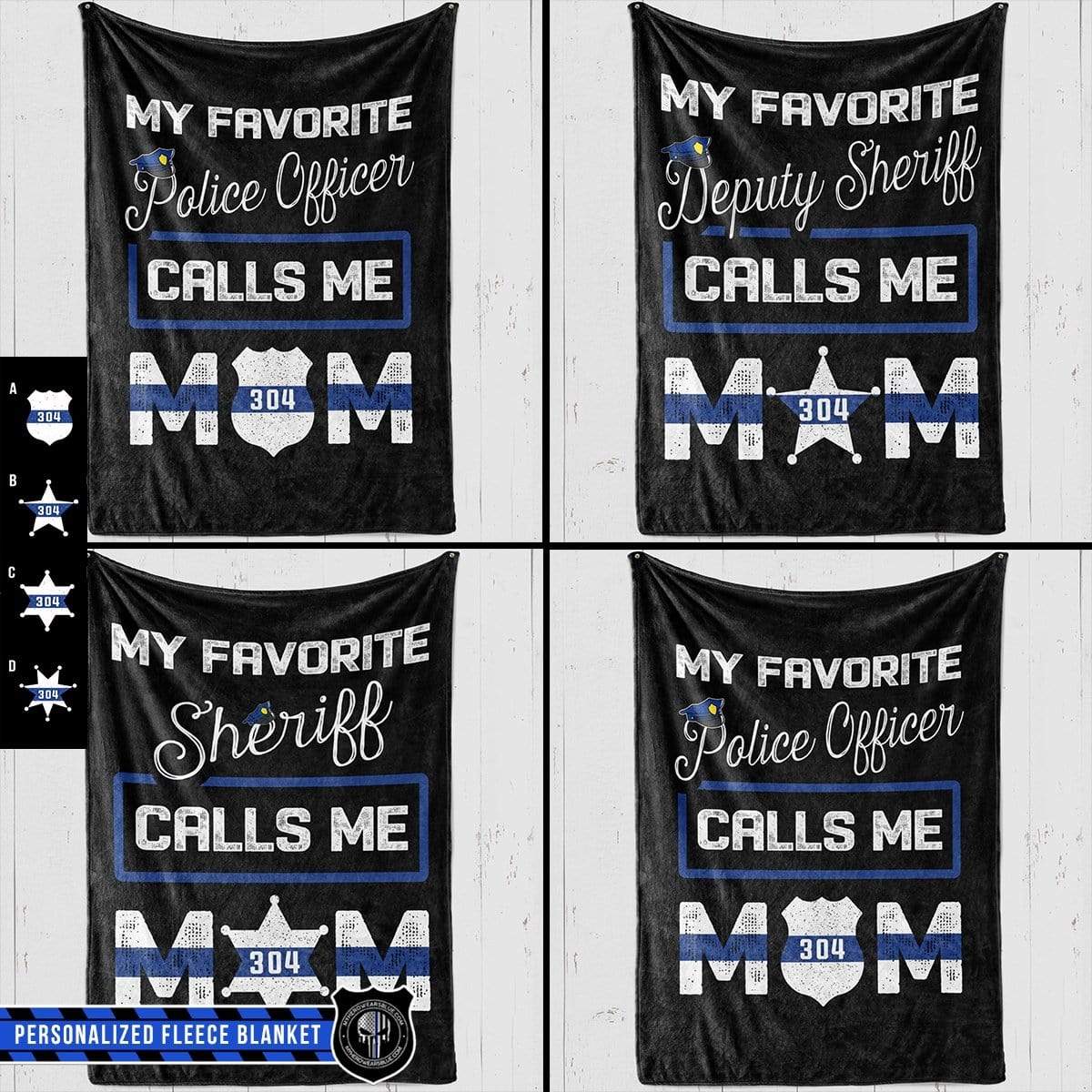 Personalized Fleece Blanket - Thin Blue Line - My Favorite Police Officer Calls Me Mom (Black)