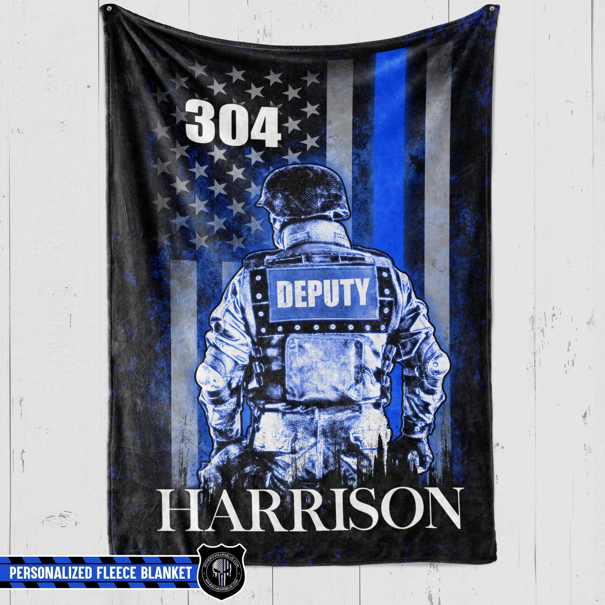 Fleece Blanket 60" x 80" - BEST SELLER Personalized Fleece Blanket - Thin Blue Line Flag - Deputy Sheriff Suit