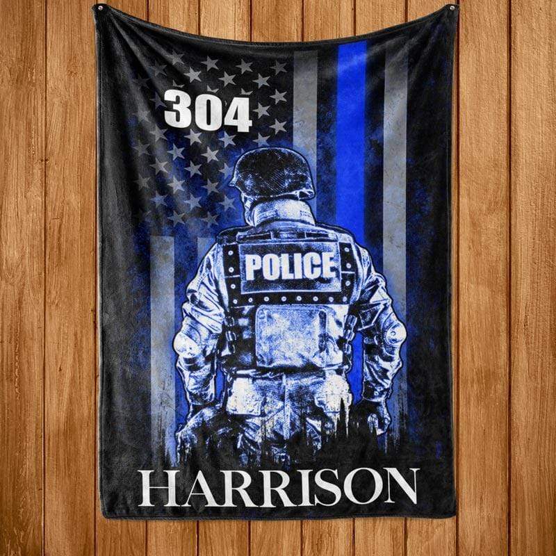 Fleece Blanket Personalized Fleece Blanket - Thin Blue Line Flag - Police Officer Suit