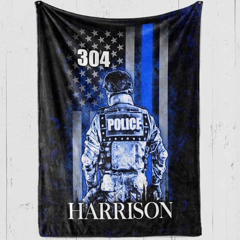 Personalized Fleece Blanket - Thin Blue Line Flag - Police Officer Suit