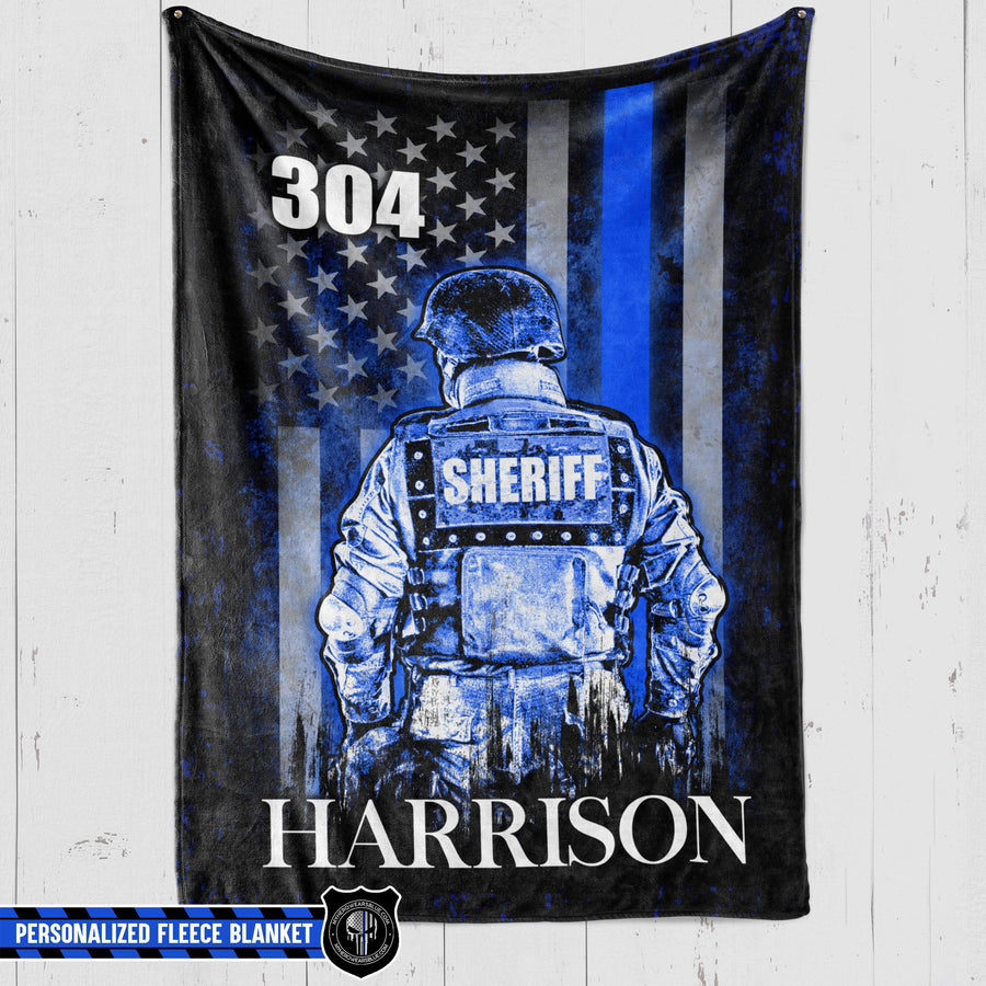 Fleece Blanket 60" x 80" - BEST SELLER Personalized Fleece Blanket - Thin Blue Line Flag - Sheriff Suit