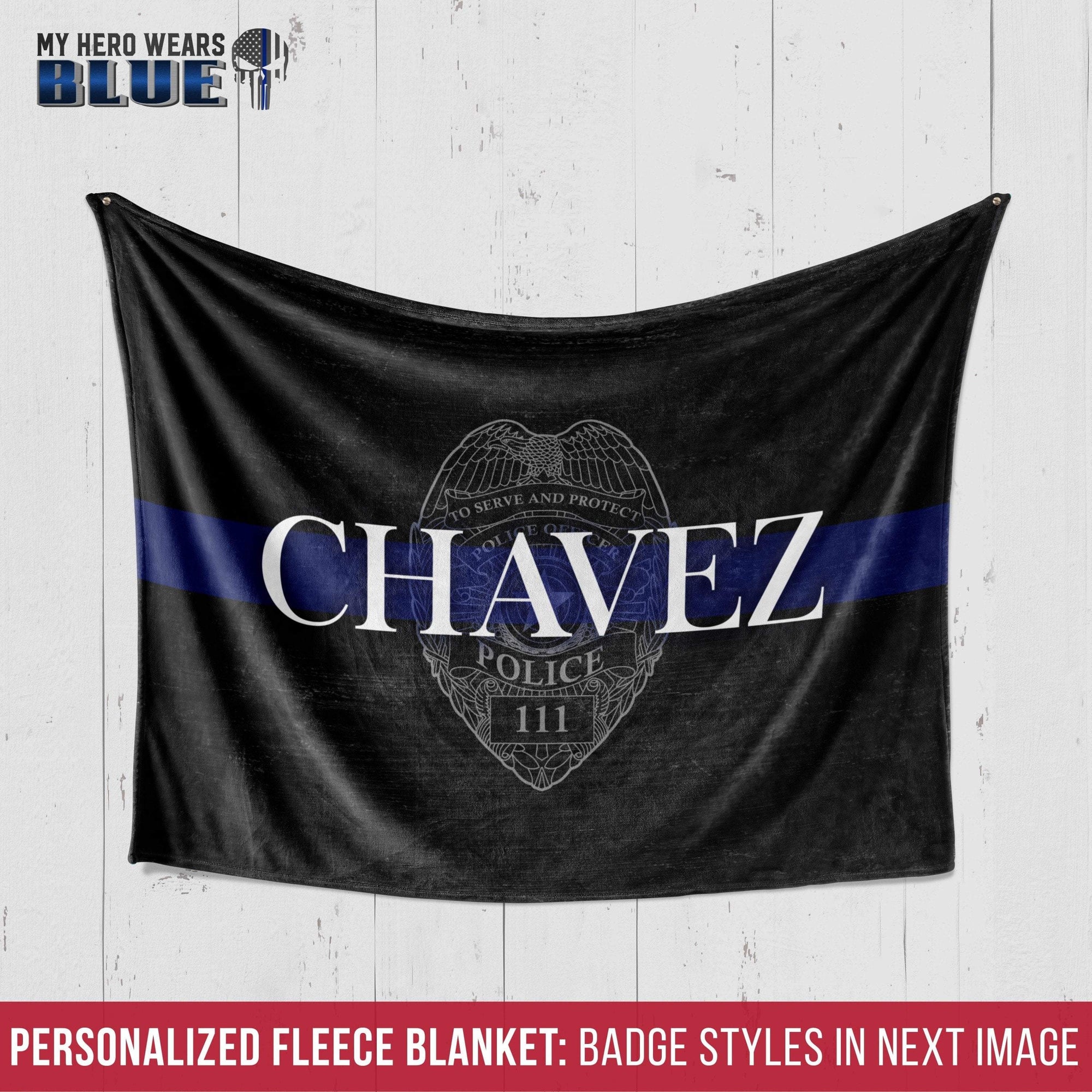 Fleece Blanket 30" x 40" Personalized Fleece Blanket - Thin Blue Line - Police Badge - Name
