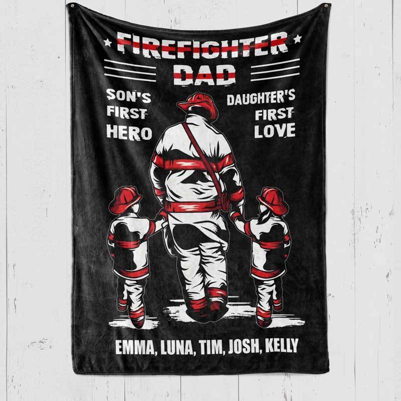 Firefighter Dad Kids Name Personalized Fleece Blanket