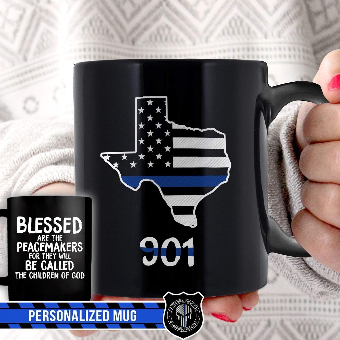 Mugs Black / 11oz Blessed Peacemakers - State Map Thin Blue Line Flag - Personalized Coffee Mug