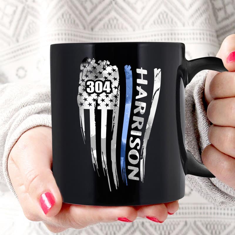 Mugs Black / 11oz Distressed Thin Blue Line Flag Personalized Thin Blue Line Coffee Mug
