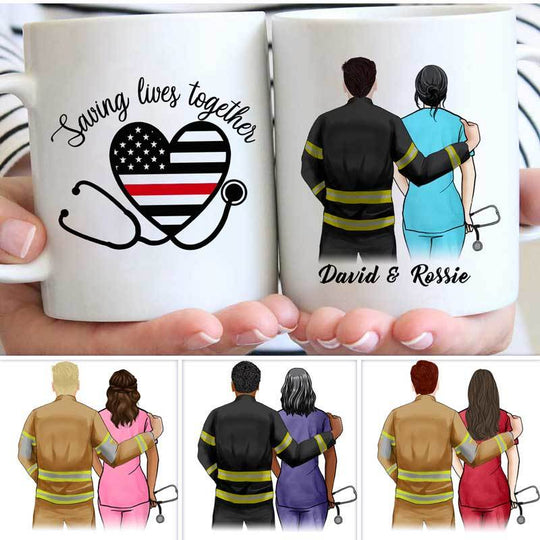 Firefighter And Nurse Saving Lives Together Thin Red Line Personalized Coffee Mug