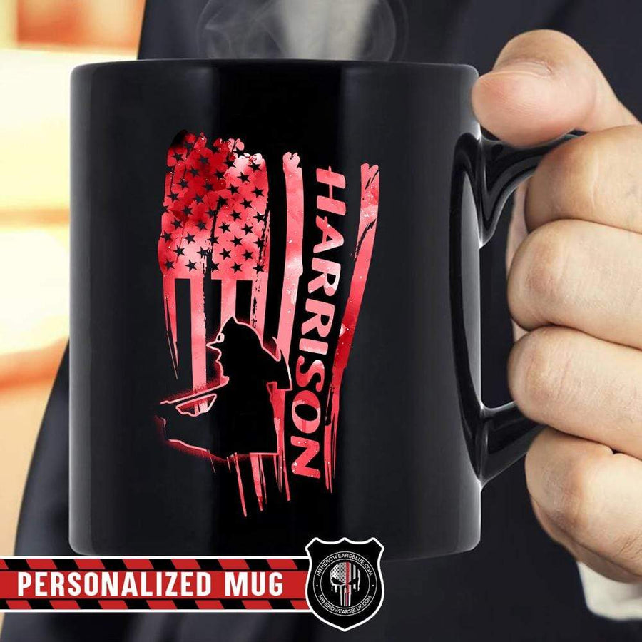 Mugs Black / 11oz Firefighter Name - Distressed Flag - Personalized Coffee Mugs