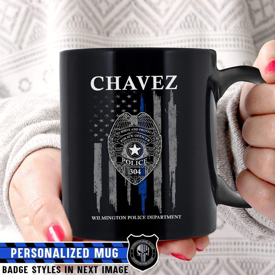 Mugs Black / 11oz Personalized Mug - Badge And Thin Blue Line Flag