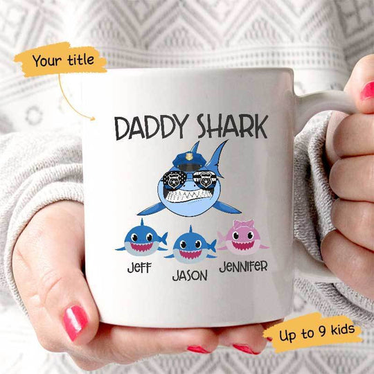 Daddy Shark Police Hat Personalized Thin Blue Line Coffee Mug