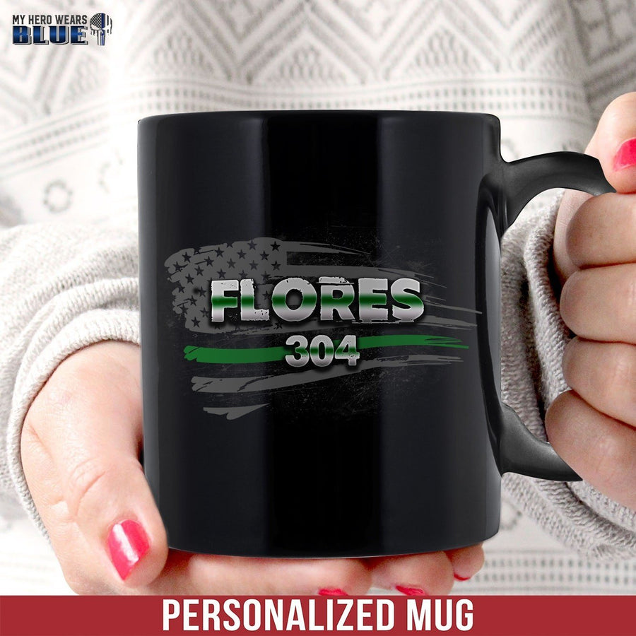 Mugs Black / 11oz Personalized Mug - Distressed Flag Badge Number - Thin Green Line